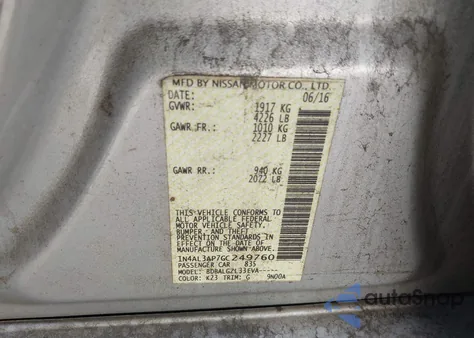 2016 Nissan Altima 2.5/2.5 S/2.5 Sl/2.5 Sr/2.5 Sv z USA, uszkodzony, nr VIN 1N4AL3AP7GC249760